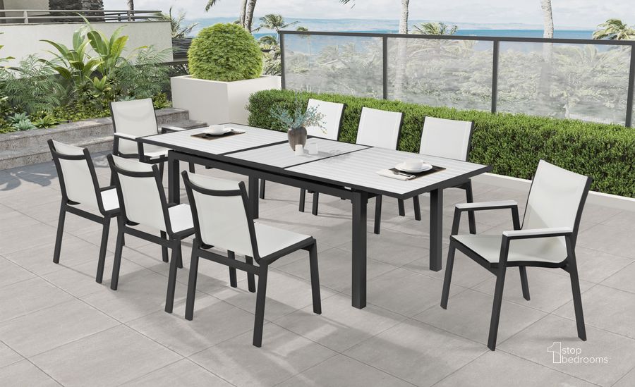 The appearance of Nizuc White Outdoor Dining Set designed by Meridian in the modern / contemporary interior design. This white piece of furniture  was selected by 1StopBedrooms from Nizuc Collection to add a touch of cosiness and style into your home. Sku: 367-T;369White-C. Material: Aluminum. Table Top Shape: Rectangular. Product Type: Outdoor Dining Set. Image1