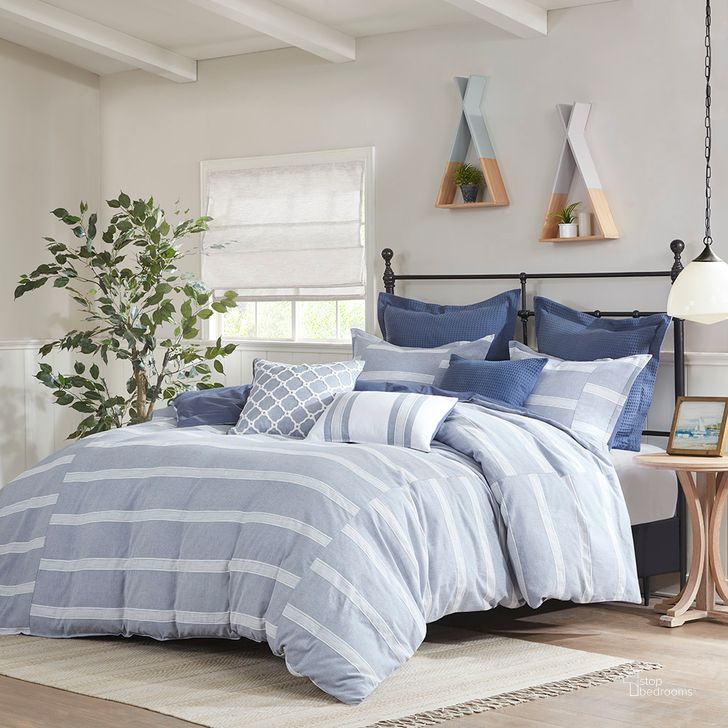 The appearance of Noble Cotton Woven Stripes Pieced 8Pcs Queen Comforter Set In Blue designed by Olliix in the transitional interior design. This blue piece of furniture  was selected by 1StopBedrooms from Noble Collection to add a touch of cosiness and style into your home. Sku: MPS10-482. Bed Size: Queen. Material: Cotton. Product Type: Comforter Set. Image1