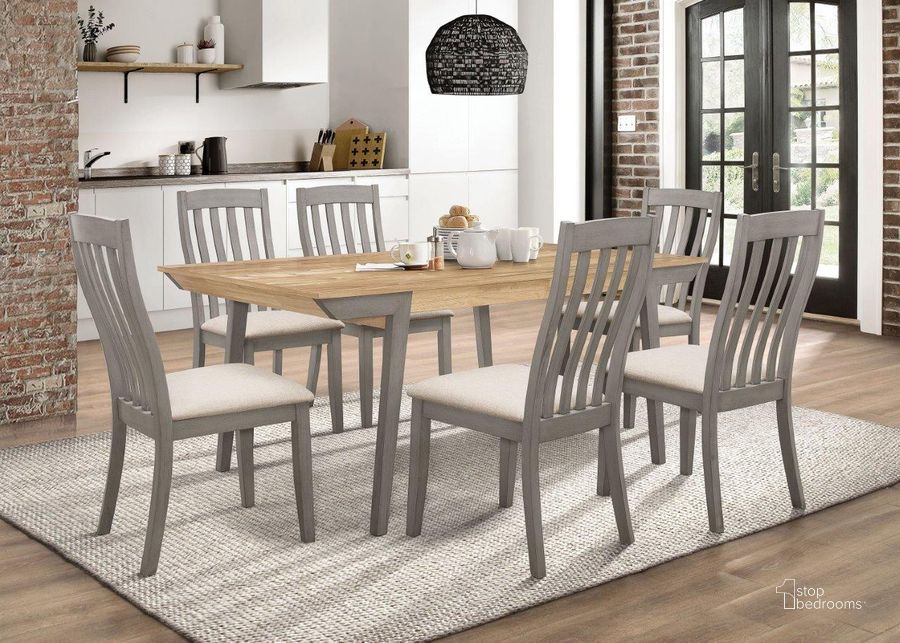 The appearance of Nogales Acacia And Coastal Grey Dining Room Set designed by Coaster in the transitional interior design. This gray piece of furniture  was selected by 1StopBedrooms from Nogales Collection to add a touch of cosiness and style into your home. Sku: 109811;109812. Table Base Style: Legs. Material: Wood. Product Type: Dining Room Set. Table Top Shape: Rectangular. Size: 39". Image1