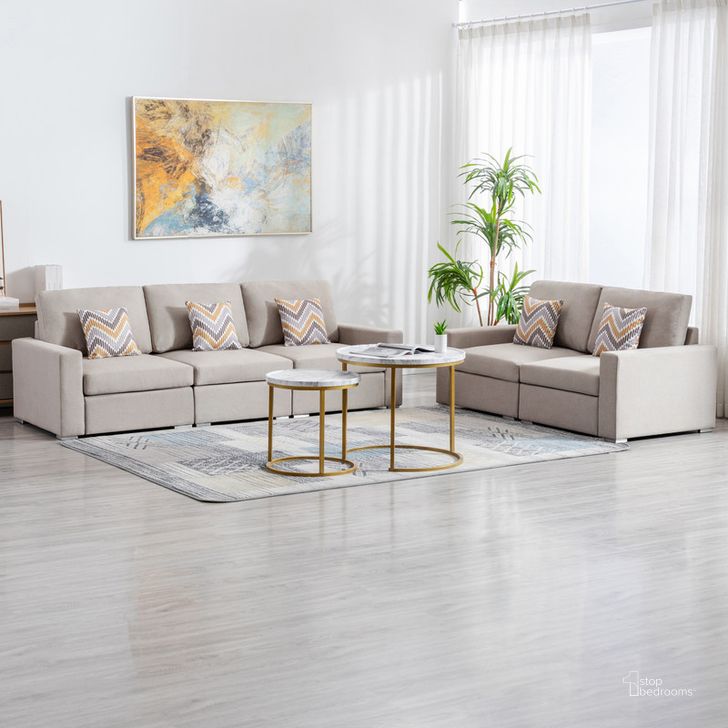 The appearance of Nolan Beige Linen Fabric Sofa And Loveseat Living Room Set With Pillows And Interchangeable Legs designed by Lilola Home in the modern / contemporary interior design. This beige piece of furniture  was selected by 1StopBedrooms from Nolan Collection to add a touch of cosiness and style into your home. Sku: 89420-10. Product Type: Living Room Set. Material: Linen. Image1