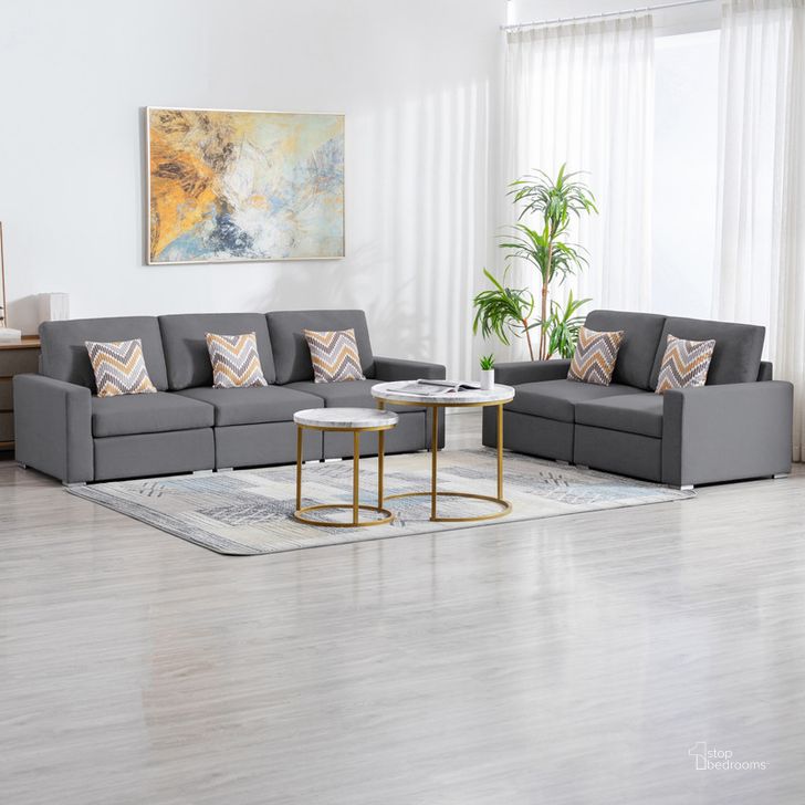 The appearance of Nolan Gray Linen Fabric Sofa And Loveseat Living Room Set With Pillows And Interchangeable Legs designed by Lilola Home in the modern / contemporary interior design. This gray piece of furniture  was selected by 1StopBedrooms from Nolan Collection to add a touch of cosiness and style into your home. Sku: 89425-10. Product Type: Living Room Set. Material: Linen. Image1
