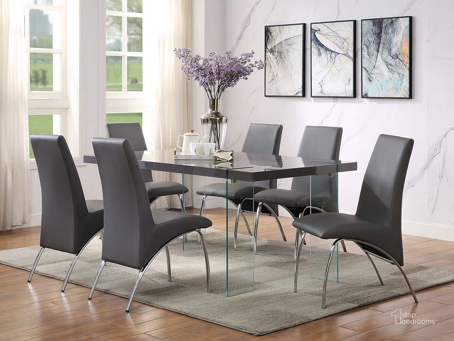 The appearance of Noland Dining Room Set (Gray) designed by ACME in the modern / contemporary interior design. This gray piece of furniture  was selected by 1StopBedrooms from Noland Collection to add a touch of cosiness and style into your home. Sku: 72190T;72191GL;72192. Table Base Style: Legs. Material: Wood. Product Type: Dining Room Set. Table Top Shape: Rectangular. Image1