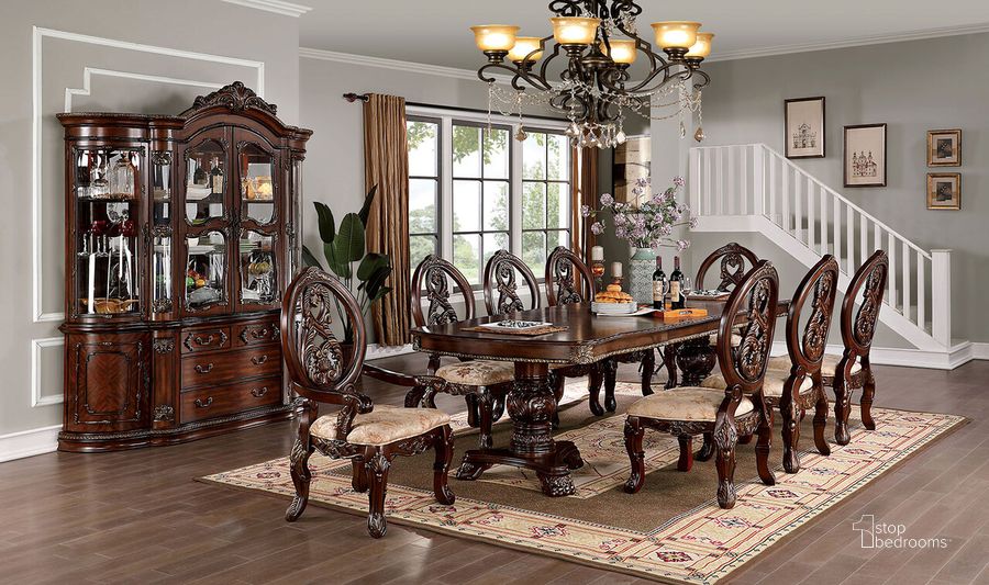 The appearance of Normandy Dining Table In Brown Cherry designed by Furniture of America in the traditional interior design. This brown cherry piece of furniture  was selected by 1StopBedrooms from Normandy Collection to add a touch of cosiness and style into your home. Sku: CM3145T-1;CM3145T-2. Table Base Style: Double Pedestal. Table Top Shape: Round. Material: Wood. Product Type: Dining Table. Size: 46". Image1