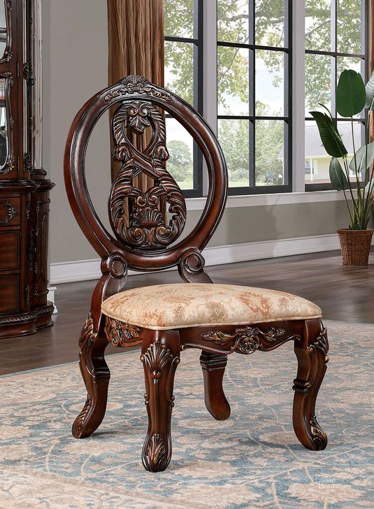 The appearance of Normandy Side Chair In Brown Cherry and Tan designed by Furniture of America in the traditional interior design. This brown cherry and tan piece of furniture  was selected by 1StopBedrooms from Normandy Collection to add a touch of cosiness and style into your home. Sku: CM3145SC-2PK. Material: Wood. Product Type: Side Chair. Image1