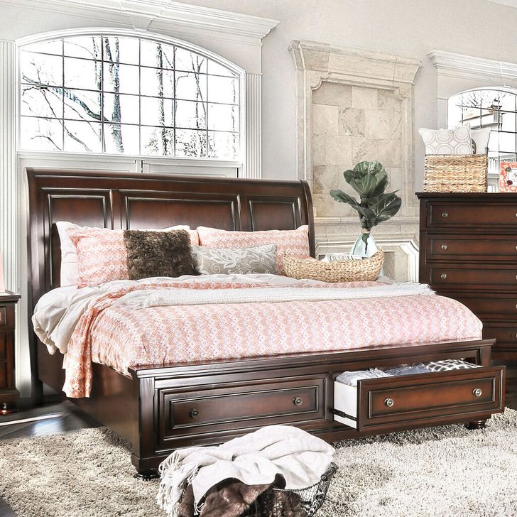 The appearance of Northville Eastern King Bed In Dark Cherry designed by Furniture of America in the transitional interior design. This dark cherry piece of furniture  was selected by 1StopBedrooms from Northville Collection to add a touch of cosiness and style into your home. Sku: CM7683EK-HB;CM7683EK-FB;CM7683EK-R. Bed Type: Platform Bed. Material: Wood. Product Type: Platform Bed. Bed Size: King. Image1