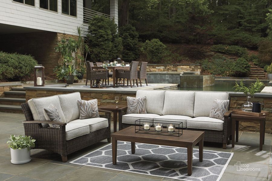 The appearance of Norval Way Medium Brown Outdoor Conversation Set 0qd2361742 designed by FineForm in the modern / contemporary interior design. This medium brown piece of furniture  was selected by 1StopBedrooms from Norval Way Collection to add a touch of cosiness and style into your home. Sku: P750-838;P750-835. Material: Fabric. Product Type: Outdoor Set. Image1