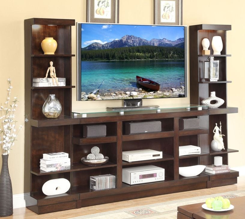 The appearance of Novella Dark Chocolate Entertainment Wall designed by Legends Furniture in the modern / contemporary interior design. This brown piece of furniture  was selected by 1StopBedrooms from Novella Collection to add a touch of cosiness and style into your home. Sku: ZNOV-1465;ZNOV-3000. Product Type: Entertainment Centers and Wall. Image1