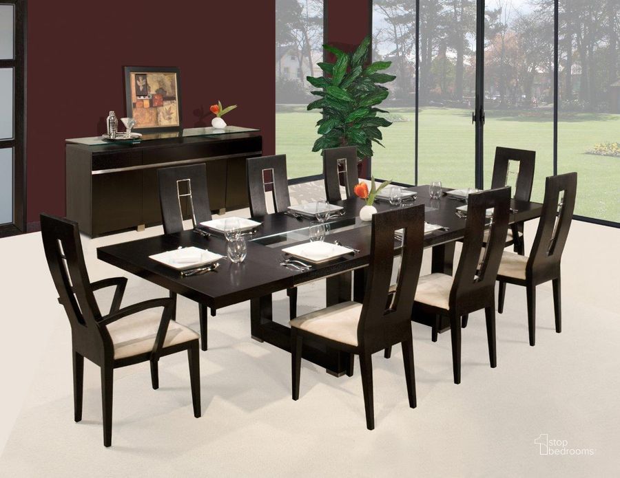 The appearance of Novo Extendable Wenge Dining Table designed by Sharelle Furnishings in the modern / contemporary interior design. This wenge piece of furniture  was selected by 1StopBedrooms from Novo Collection to add a touch of cosiness and style into your home. Sku: NOVO-W-DINTABLE. Table Base Style: Double Pedestal. Product Type: Dining Table. Material: Bonded Leather. Table Top Shape: Rectangular.