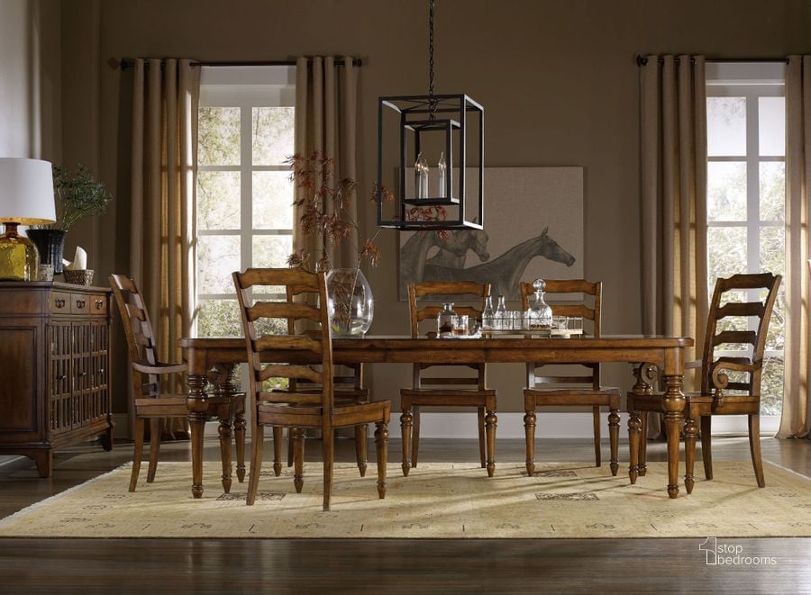 The appearance of Tynecastle Brown Rectangular Extendable Leg Dining Room Set designed by Hooker in the traditional interior design. This brown piece of furniture  was selected by 1StopBedrooms from Tynecastle Collection to add a touch of cosiness and style into your home. Sku: 5323-75200;5323-75310. Material: Wood. Product Type: Dining Room Set. Table Top Shape: Rectangular. Image1
