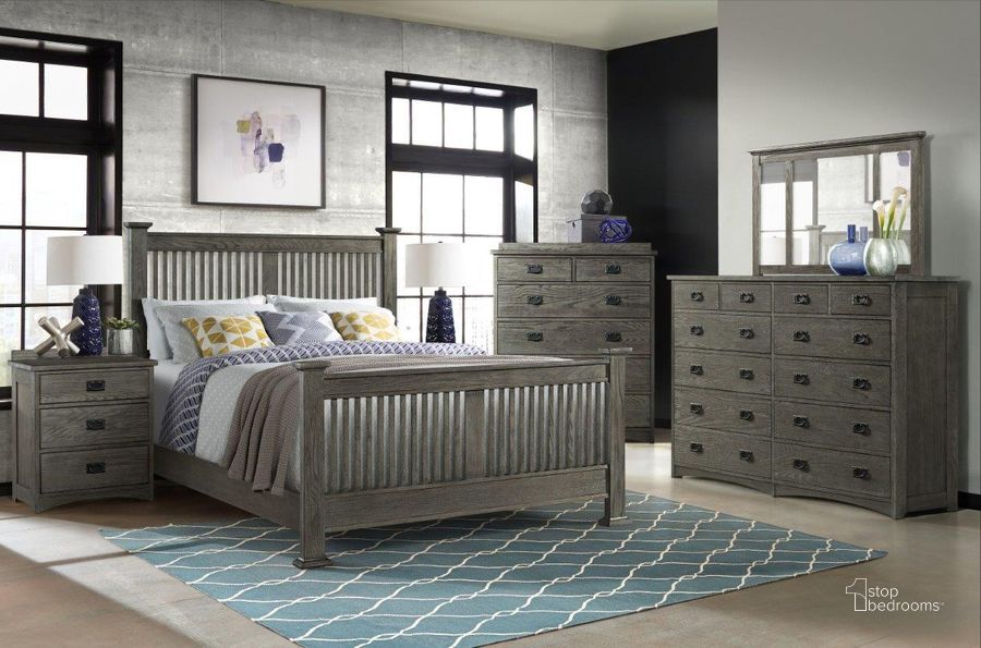 The appearance of Oak Park Brushed Pewter Slat Bedroom Set designed by Intercon in the transitional interior design. This gray piece of furniture  was selected by 1StopBedrooms from Oak Park Collection to add a touch of cosiness and style into your home. Sku: OP-BR-5825Q-PEW-HB;OP-BR-5825Q-PEW-FB;OP-BR-5825Q-PEW-RS;OP-BR-5803-PEW-C. Bed Size: Queen. Product Type: Slat / Spindle Bed. Bed Type: Slat / Spindle Bed. Image1
