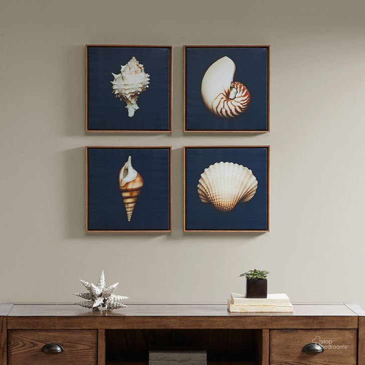 The appearance of Ocean Blue Framed Canvas 4 Pc Set designed by Olliix in the coastal interior design. This blue piece of furniture  was selected by 1StopBedrooms from Ocean Seashells Collection to add a touch of cosiness and style into your home. Sku: MP95C-0062. Product Type: Wall Art. Material: MDF. Image1