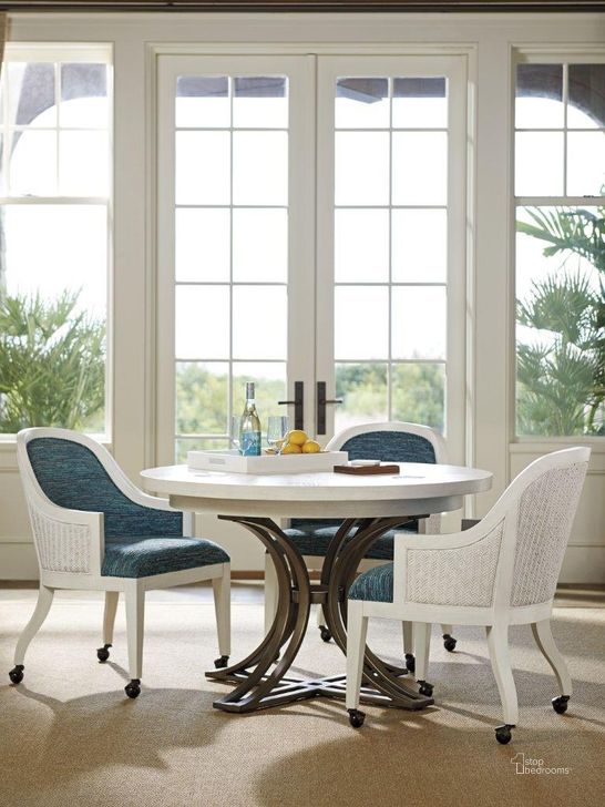 The appearance of Ocean Breeze White And Gray Marsh Creek Round Dining Room Set designed by Tommy Bahama in the transitional interior design. This gray and white piece of furniture  was selected by 1StopBedrooms from Ocean Breeze Collection to add a touch of cosiness and style into your home. Sku: 01-0570-872C;01-0570-880-01. Table Base Style: Trestle. Table Top Shape: Round. Material: Wood. Product Type: Dining Room Set. Size: 48". Image1