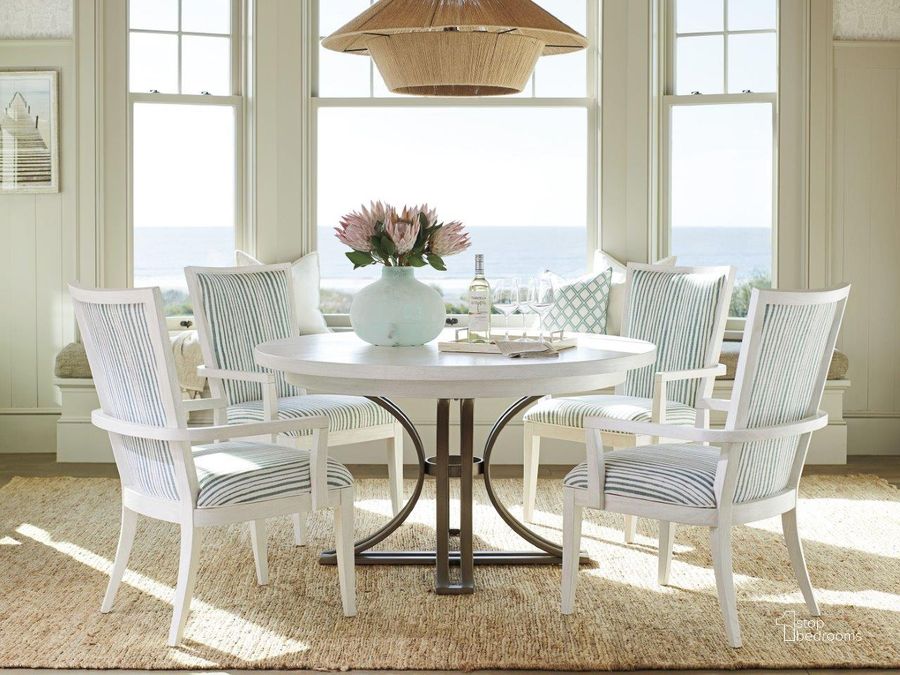 The appearance of Ocean Breeze White And Gray Savannah Round Extendable Dining Room Set designed by Tommy Bahama in the transitional interior design. This gray and white piece of furniture  was selected by 1StopBedrooms from Ocean Breeze Collection to add a touch of cosiness and style into your home. Sku: 01-0570-875C;01-0570-880-01. Table Base Style: Trestle. Table Top Shape: Round. Material: Wood. Product Type: Dining Room Set. Size: 54". Image1