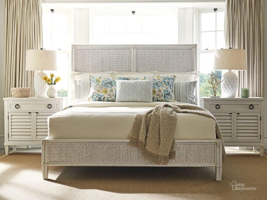 The appearance of Ocean Breeze White Siesta Key Woven Sleigh Bedroom Set designed by Tommy Bahama in the transitional interior design. This white piece of furniture  was selected by 1StopBedrooms from Ocean Breeze Collection to add a touch of cosiness and style into your home. Sku: 01-0570-133C;01-0570-622. Bed Type: Panel Bed. Material: Wood. Product Type: Panel Bed. Bed Size: Queen. Image1