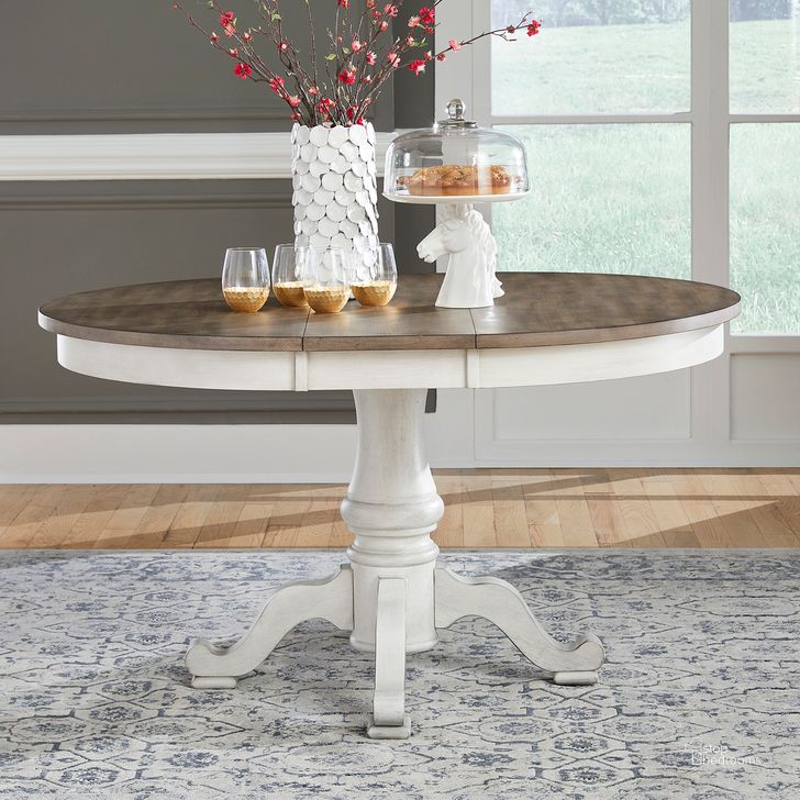 The appearance of Ocean Isle Pedestal Table Set In Antique White With Weathered Pine designed by Liberty in the traditional interior design. This antique white piece of furniture  was selected by 1StopBedrooms from Ocean Isle Collection to add a touch of cosiness and style into your home. Sku: 303W-P4254;303W-T4254. Table Base Style: Pedestal. Table Top Shape: Oval. Product Type: Counter Height Table. Material: Rubberwood. Size: 42". Image1