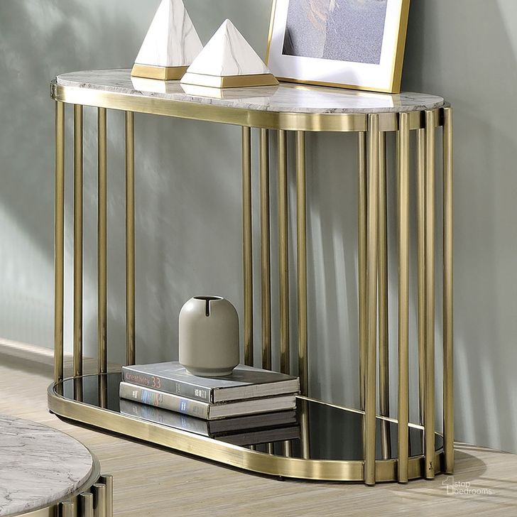The appearance of Ofelia Sofa Table In Antique Brass and Black designed by Furniture of America in the glam interior design. This antique brass/black piece of furniture  was selected by 1StopBedrooms from Ofelia Collection to add a touch of cosiness and style into your home. Sku: CM4558S. Material: Steel. Product Type: Sofa Table. Image1