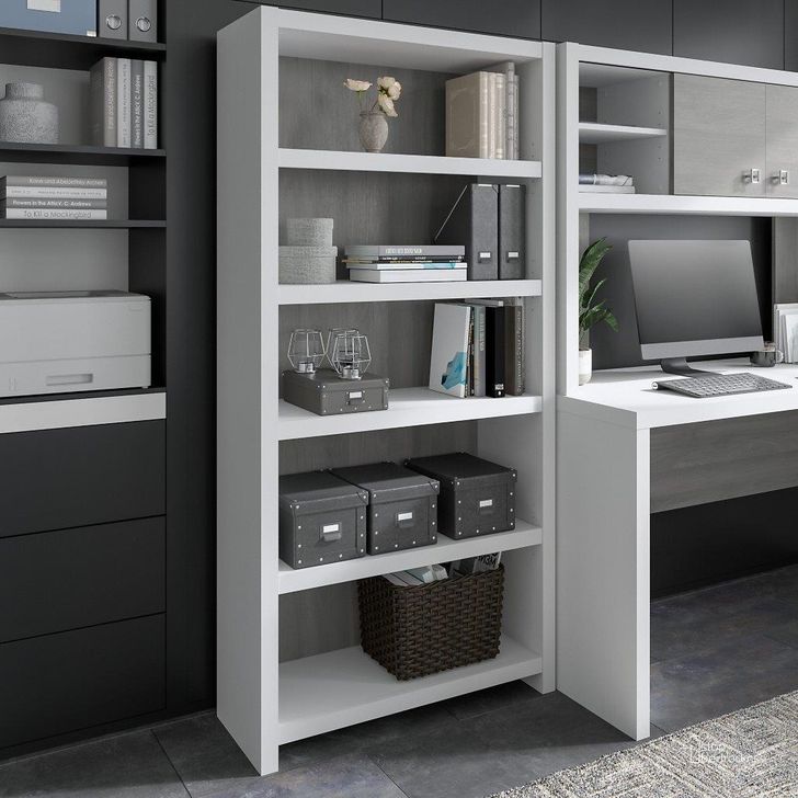 The appearance of Office by Kathy Ireland Echo 5 Shelf Bookcase in Pure White and Modern Gray designed by Bush Furniture in the modern / contemporary interior design. This white and gray piece of furniture  was selected by 1StopBedrooms from Echo Collection to add a touch of cosiness and style into your home. Sku: KI60504-03. Product Type: Bookcase. Image1