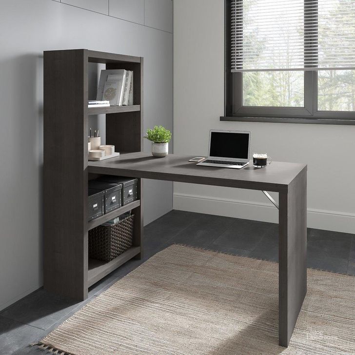 The appearance of Office by Kathy Ireland Echo 56W Bookcase Desk in Charcoal Maple designed by Bush Furniture in the modern / contemporary interior design. This charcoal piece of furniture  was selected by 1StopBedrooms from Echo Collection to add a touch of cosiness and style into your home. Sku: KI60307-03. Product Type: Desk. Image1