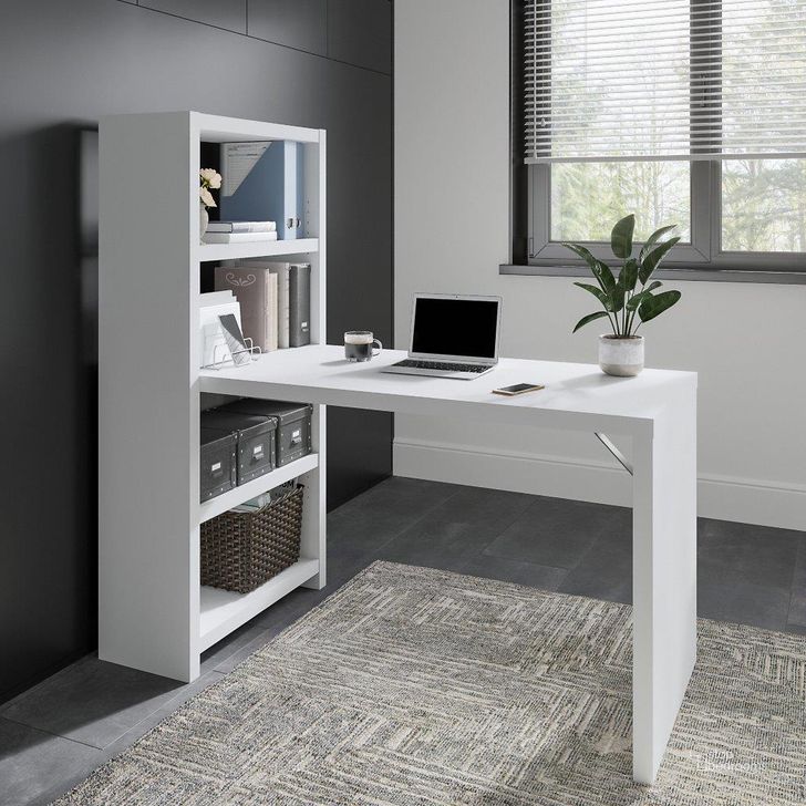 The appearance of Office by Kathy Ireland Echo 56W Bookcase Desk in Pure White and Modern Gray designed by Bush Furniture in the modern / contemporary interior design. This white and gray piece of furniture  was selected by 1StopBedrooms from Echo Collection to add a touch of cosiness and style into your home. Sku: KI60507-03. Product Type: Desk. Image1