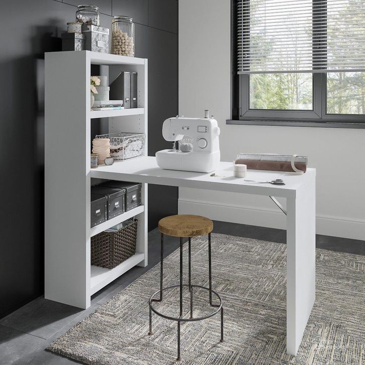 The appearance of Office by Kathy Ireland Echo 56W Craft Table in Pure White and Modern Gray designed by Bush Furniture in the modern / contemporary interior design. This white and gray piece of furniture  was selected by 1StopBedrooms from Echo Collection to add a touch of cosiness and style into your home. Sku: ECH023WHMG. Material: Wood. Product Type: Table. Image1