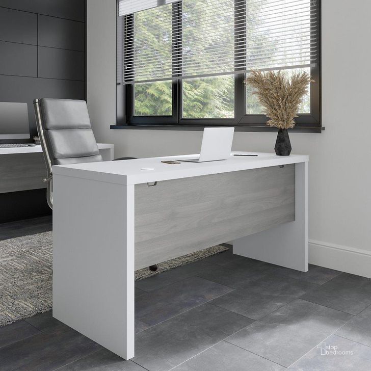 The appearance of Office by Kathy Ireland Echo 60W Credenza Desk in Pure White and Modern Gray designed by Bush Furniture in the modern / contemporary interior design. This white and gray piece of furniture  was selected by 1StopBedrooms from Echo Collection to add a touch of cosiness and style into your home. Sku: KI60506-03. Product Type: Desk. Image1