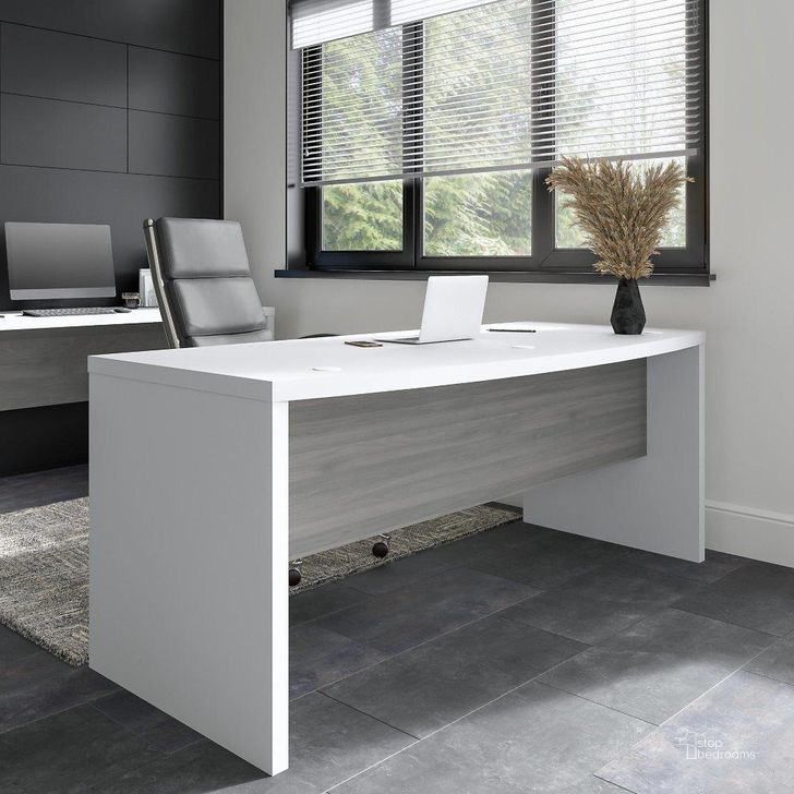 The appearance of Office By Kathy Ireland Echo 72W Bow Front Desk In Pure White And Modern Gray designed by Bush Furniture in the modern / contemporary interior design. This white and gray piece of furniture  was selected by 1StopBedrooms from Echo Collection to add a touch of cosiness and style into your home. Sku: KI60509-03. Material: Wood. Product Type: Home Office Desk. Image1