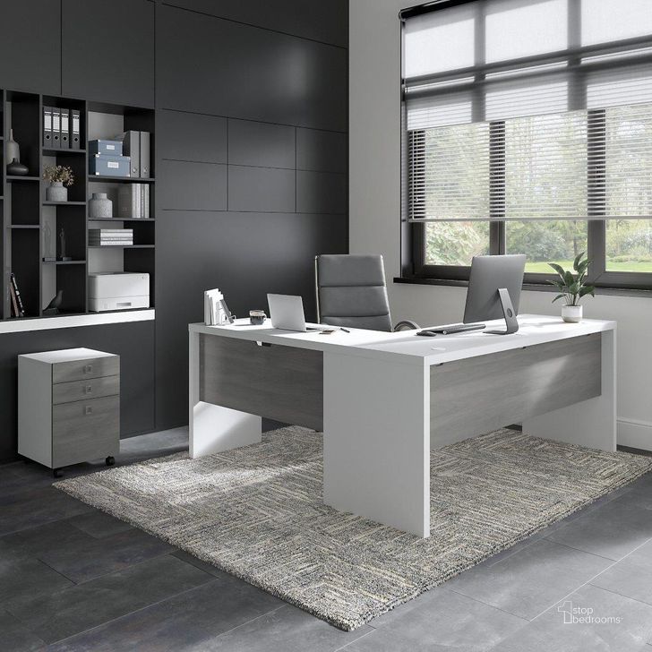 The appearance of Office By Kathy Ireland Echo 72W L Shaped Computer Desk With 3 Drawer Mobile File Cabinet In Pure White And Modern Gray designed by Bush Furniture in the modern / contemporary interior design. This white and gray piece of furniture  was selected by 1StopBedrooms from Echo Collection to add a touch of cosiness and style into your home. Sku: ECH050WHMG. Material: Wood. Product Type: Computer Desk. Image1
