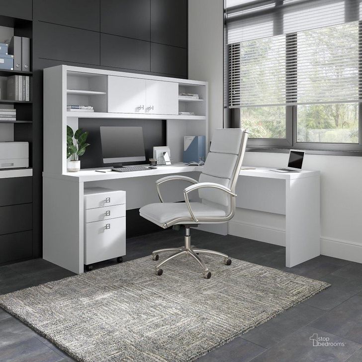 The appearance of Office By Kathy Ireland Echo 72W L Shaped Computer Desk With Hutch And 3 Drawer Mobile File Cabinet In Pure White designed by Bush Furniture in the modern / contemporary interior design. This white piece of furniture  was selected by 1StopBedrooms from Echo Collection to add a touch of cosiness and style into your home. Sku: ECH051PW. Material: Wood. Product Type: Desk & Hutch. Image1