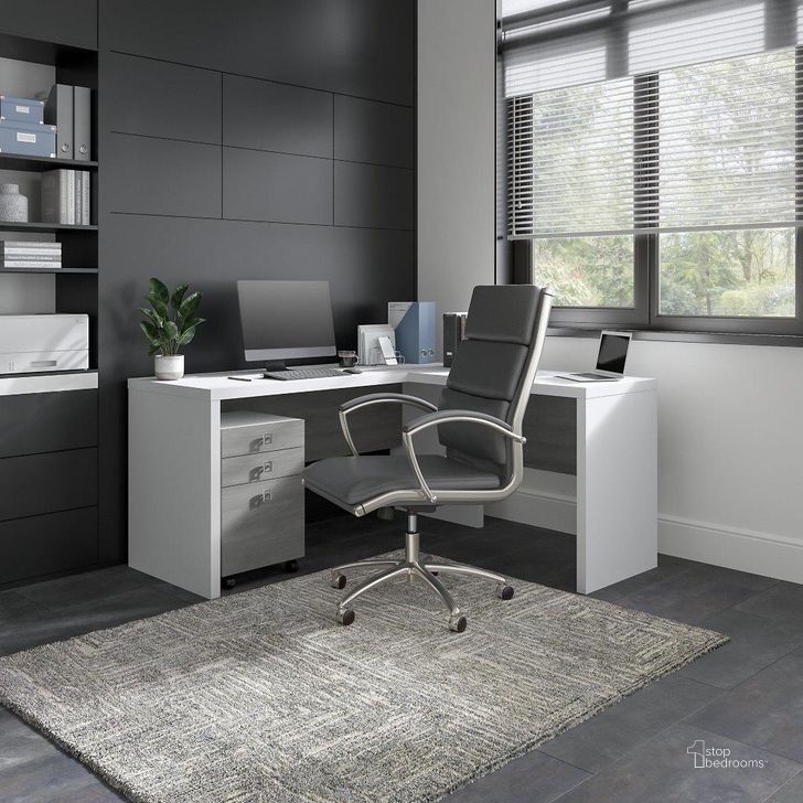 The appearance of Office by Kathy Ireland Echo L Shaped Desk with Mobile File Cabinet in Pure White and Modern Gray designed by Bush Furniture in the modern / contemporary interior design. This white and gray piece of furniture  was selected by 1StopBedrooms from Echo Collection to add a touch of cosiness and style into your home. Sku: ECH008WHMG. Material: Wood. Product Type: Desk. Image1