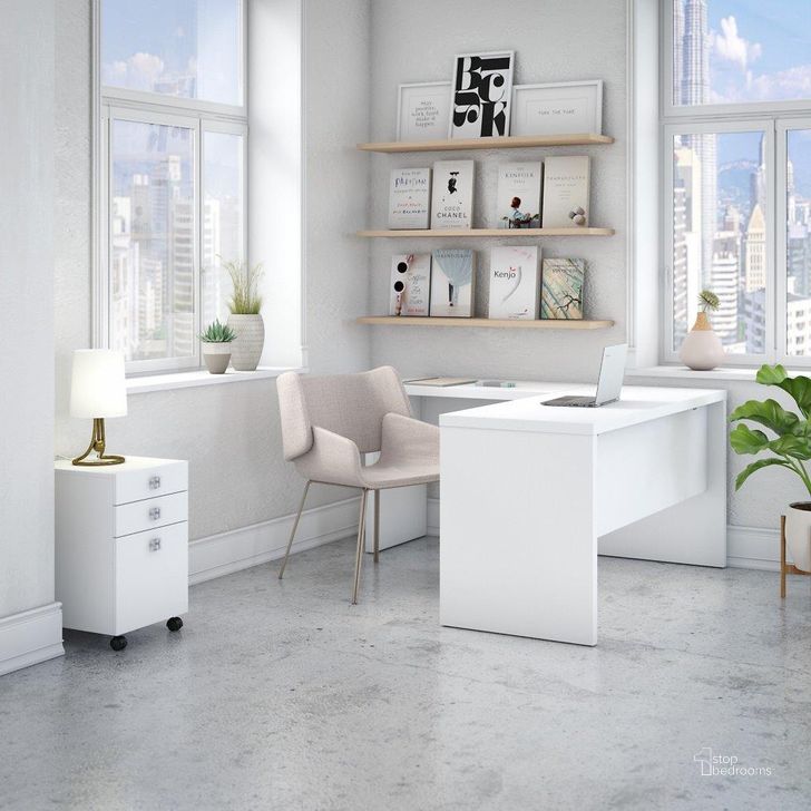 The appearance of Office by Kathy Ireland Echo L Shaped Desk with Mobile File Cabinet in Pure White designed by Bush Furniture in the modern / contemporary interior design. This white piece of furniture  was selected by 1StopBedrooms from Echo Collection to add a touch of cosiness and style into your home. Sku: ECH008PW. Material: Wood. Product Type: Desk. Image1