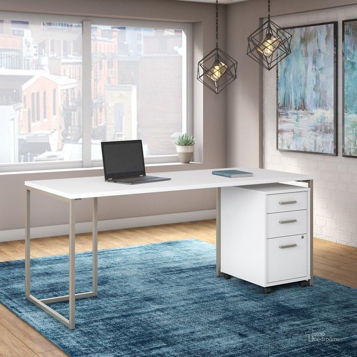 The appearance of Office by Kathy Ireland Method 72W Table Desk with 3 Drawer Mobile File Cabinet in White designed by Bush Furniture in the modern / contemporary interior design. This white piece of furniture  was selected by 1StopBedrooms from Method Collection to add a touch of cosiness and style into your home. Sku: MTH014WHSU. Product Type: Desk. Image1