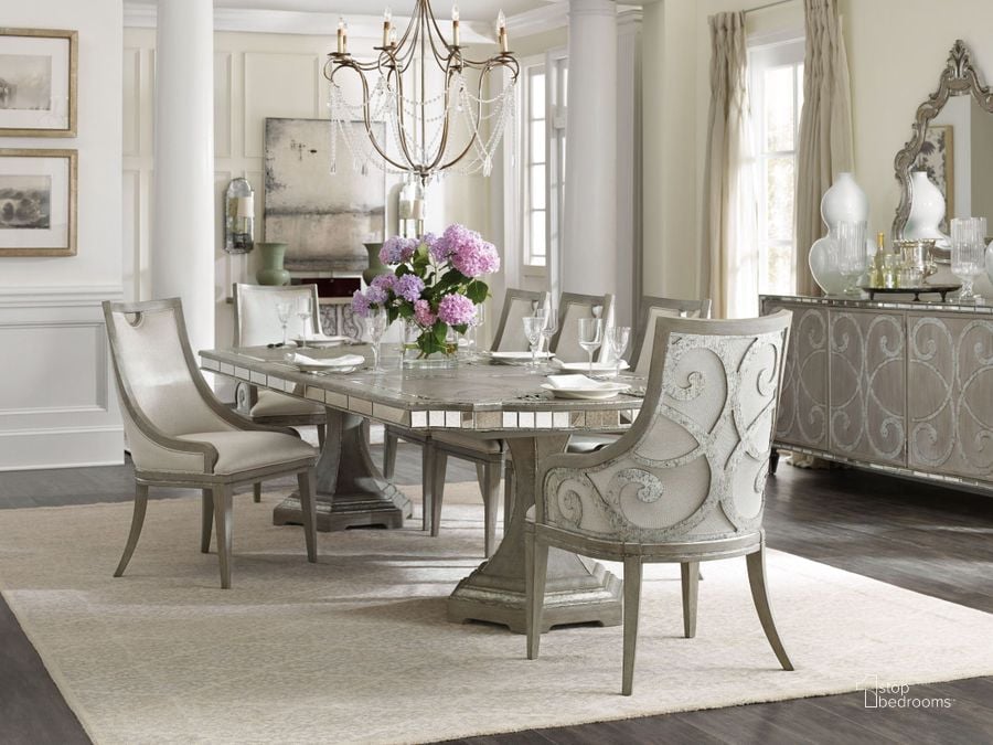 The appearance of Sanctuary Epoque Rectangular Expandable Dining Room Set designed by Hooker in the traditional interior design. This beige piece of furniture  was selected by 1StopBedrooms from Sanctuary Collection to add a touch of cosiness and style into your home. Sku: 5603-75003-LTBR;5603-75004-LTBR;5603-75410-LTBR. Table Base Style: Double Pedestal. Material: Wood. Product Type: Dining Room Set. Table Top Shape: Rectangular. Image1