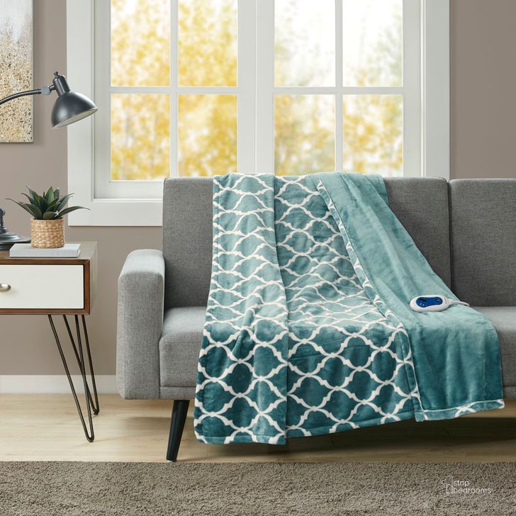 The appearance of Ogee Polyester Printed Microlight Oversized Heated Throw In Teal designed by Olliix in the transitional interior design. This teal piece of furniture  was selected by 1StopBedrooms from Heated Ogee Collection to add a touch of cosiness and style into your home. Sku: BR54-0778. Material: Polyester. Product Type: Throw. Image1