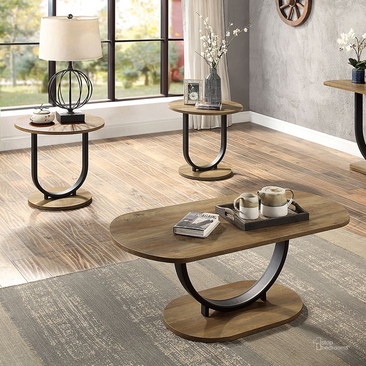 The appearance of Olbia 3 Piece Coffee Table Set In Rustic Oak and Sand Black designed by Furniture of America in the industrial interior design. This rustic oak and sand black piece of furniture  was selected by 1StopBedrooms from Olbia Collection to add a touch of cosiness and style into your home. Sku: CM4199A-3PK. Material: Steel. Product Type: Occasional Table Set. Image1