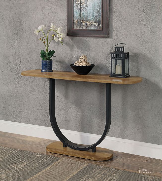 The appearance of Olbia Sofa Table In Rustic Oak and Sand Black designed by Furniture of America in the industrial interior design. This rustic oak and sand black piece of furniture  was selected by 1StopBedrooms from Olbia Collection to add a touch of cosiness and style into your home. Sku: CM4199A-S. Material: Steel. Product Type: Sofa Table. Image1