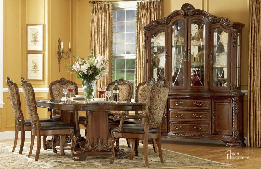 The appearance of Old World Double Pedestal Extendable Dining Room Set designed by A.R.T. in the traditional interior design. This brown piece of furniture  was selected by 1StopBedrooms from Old World Collection to add a touch of cosiness and style into your home. Sku: 143221-2606TP;143221-2606BS;143202-2606K2. Material: Wood. Product Type: Dining Room Set. Table Top Shape: Rectangular.