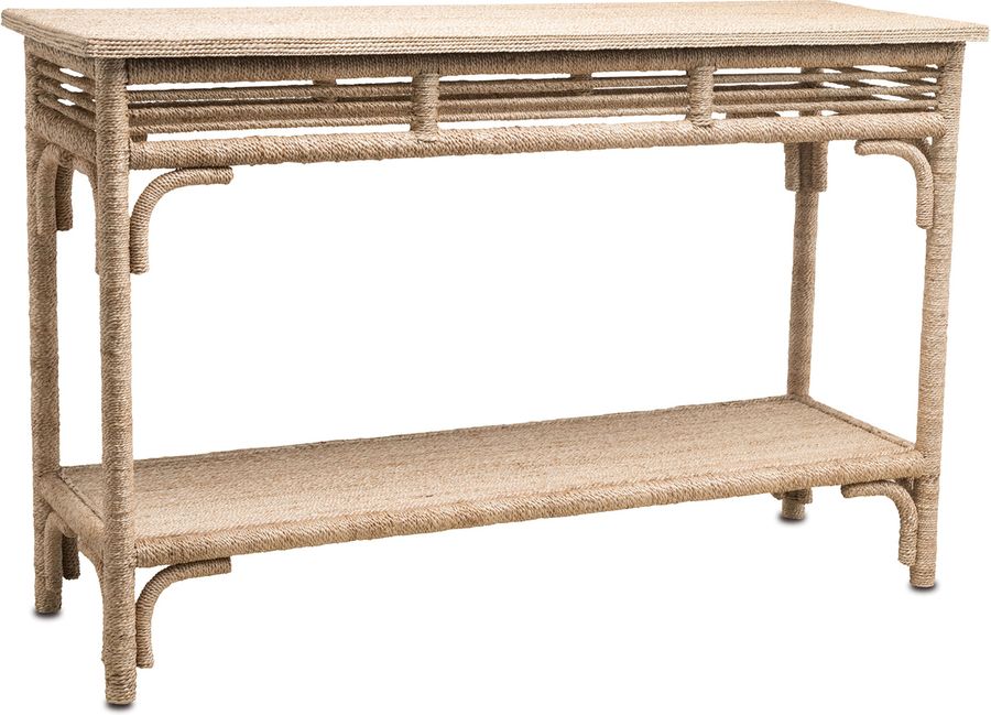 The appearance of Olisa Rope Console Table In Natural designed by Currey & Company in the modern / contemporary interior design. This natural piece of furniture  was selected by 1StopBedrooms from Olisa Collection to add a touch of cosiness and style into your home. Sku: 3000-0012. Material: Wood. Product Type: Console Table. Image1