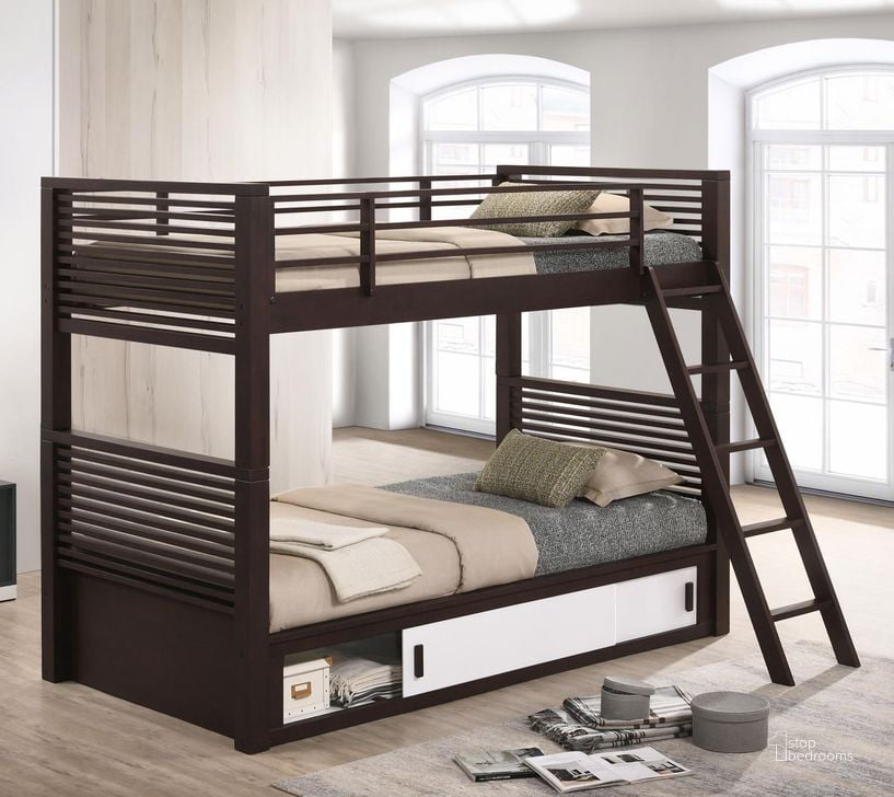 The appearance of Oliver Twin Over Twin Bunk Bed In Java designed by Coaster in the modern / contemporary interior design. This java piece of furniture  was selected by 1StopBedrooms from Oliver Collection to add a touch of cosiness and style into your home. Sku: 400736TB1;400736TB2;400736TB3. Bed Type: Bunk Bed. Material: Wood. Product Type: Bunk Bed. Bed Size: Twin Over Twin. Image1