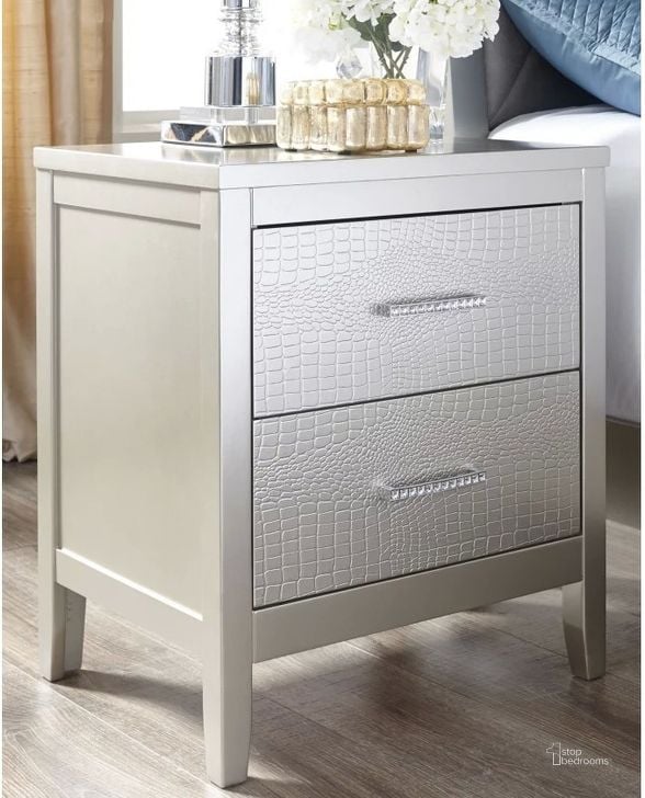 The appearance of Olivet Silver 2 Drawer Nightstand designed by Signature Design by Ashley in the modern / contemporary interior design. This silver piece of furniture  was selected by 1StopBedrooms from Olivet Collection to add a touch of cosiness and style into your home. Sku: B560-92. Material: Wood. Product Type: Nightstand. Image1