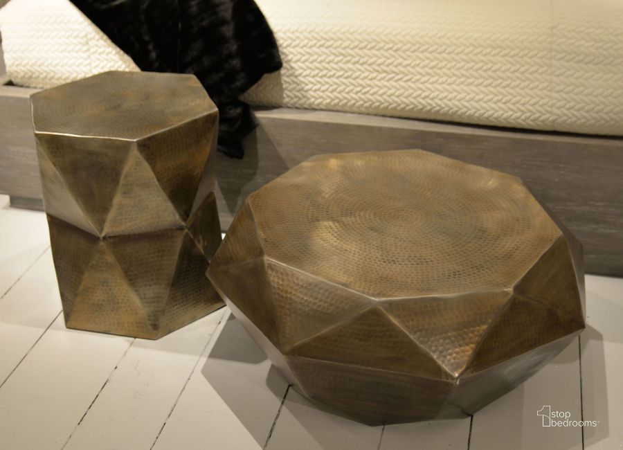 The appearance of Olivia Hammered Gold Geometric Occasional Table Set designed by Riverside Furniture in the glam interior design. This gold piece of furniture  was selected by 1StopBedrooms from Olivia Collection to add a touch of cosiness and style into your home. Sku: 18702;18709. Product Type: Occasional Table Set. Image1