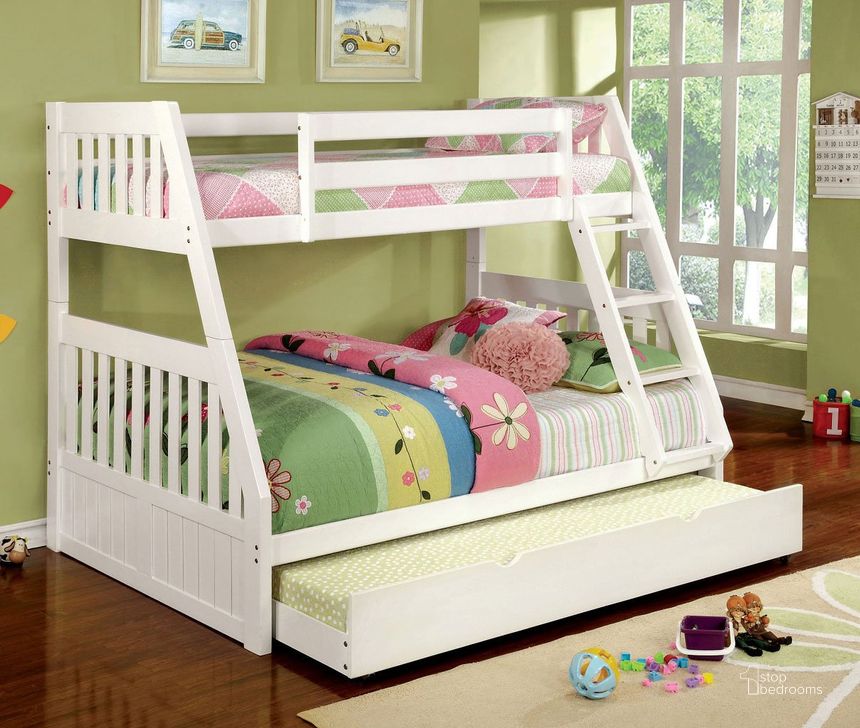 The appearance of Omnus Youth Bedroom Set w/Canberra Bunk Bed (White) designed by Furniture of America in the transitional interior design. This white piece of furniture  was selected by 1StopBedrooms from Omnus Collection to add a touch of cosiness and style into your home. Sku: CM-BK607T-WH-1;CM-BK607T-WH-2;CM-BK607T-WH-3;CM7905WH-N. Bed Type: Bunk Bed. Material: Wood. Product Type: Bunk Bed. Bed Size: Twin Over Twin. Image1