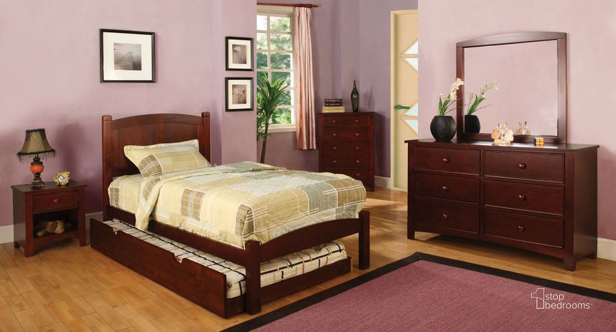The appearance of Omnus Youth Bedroom Set w/Cara Bed (Cherry) designed by Furniture of America in the transitional interior design. This cherry piece of furniture  was selected by 1StopBedrooms from Omnus Collection to add a touch of cosiness and style into your home. Sku: CM7903CH-T-HB;CM7903CH-T-FB;CM7903CH-T-R12;CM7905CH-N. Bed Type: Platform Bed. Product Type: Platform Bed. Bed Size: Twin. Image1