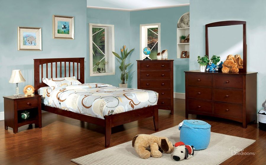 The appearance of Omnus Youth Bedroom Set w/Pine Brook Bed (Cherry) designed by Furniture of America in the transitional interior design. This cherry piece of furniture  was selected by 1StopBedrooms from Omnus Collection to add a touch of cosiness and style into your home. Sku: CM7908CH-T-HB-FB;CM7908CH-T-R;CM7905CH-N. Bed Type: Platform Bed. Material: Wood. Product Type: Platform Bed. Bed Size: Twin. Image1