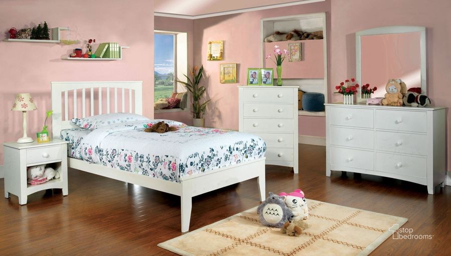 The appearance of Omnus Youth Bedroom Set w/Pine Brook Bed (White) designed by Furniture of America in the transitional interior design. This white piece of furniture  was selected by 1StopBedrooms from Omnus Collection to add a touch of cosiness and style into your home. Sku: CM7908WH-T-HB-FB;CM7908WH-T-R;CM7905WH-N. Bed Type: Platform Bed. Material: Wood. Product Type: Platform Bed. Bed Size: Twin. Image1