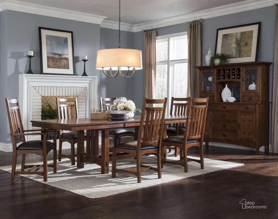 The appearance of Oak Park Rectangular Extendable Dining Room Set designed by Intercon in the traditional interior design. This brown piece of furniture  was selected by 1StopBedrooms from Oak Park Collection to add a touch of cosiness and style into your home. Sku: OP-TA-42104B-MIS-BSE;OP-TA-42104B-MIS-TOP;OP-CH-950C-MIS-RTA. Table Base Style: Trestle. Product Type: Dining Room Set. Table Top Shape: Rectangular. Image1