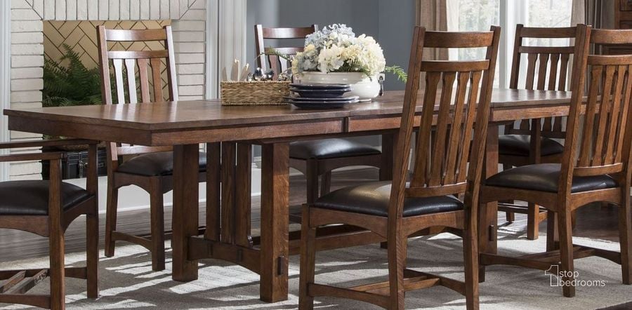 The appearance of Oak Park Rectangular Extendable Dining Table designed by Intercon in the traditional interior design. This brown piece of furniture  was selected by 1StopBedrooms from Oak Park Collection to add a touch of cosiness and style into your home. Sku: OP-TA-42104B-MIS-BSE;OP-TA-42104B-MIS-TOP. Table Base Style: Trestle. Product Type: Dining Table. Table Top Shape: Rectangular. Image1