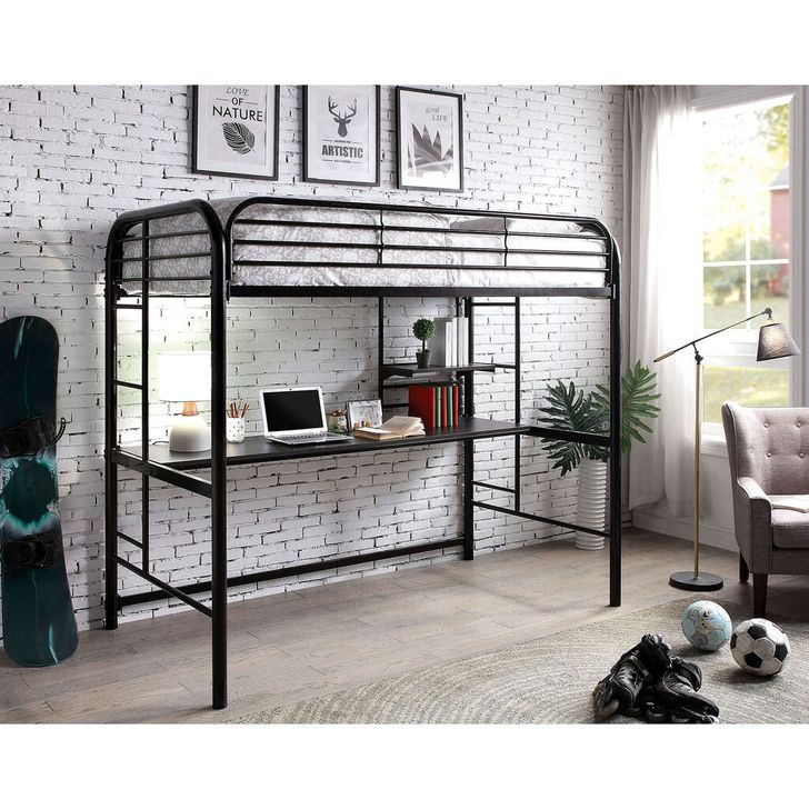 The appearance of Opal Twin Loft Bed In Black designed by Furniture of America in the modern / contemporary interior design. This black piece of furniture  was selected by 1StopBedrooms from Opal Collection to add a touch of cosiness and style into your home. Sku: CM-BK938BK. Material: Metal. Product Type: Loft Bed. Bed Size: Twin. Bed Type: Loft Bed.