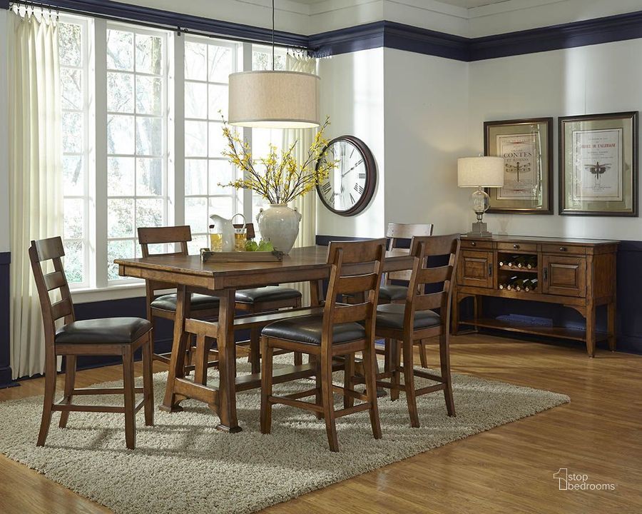 The appearance of Opito Way Brown Dining Set designed by Isaac Tahari in the transitional interior design. This brown piece of furniture  was selected by 1StopBedrooms from Opito Way Collection to add a touch of cosiness and style into your home. Sku: OZAMA6700;OZAMA3452. Table Base Style: Trestle. Material: Wood. Product Type: Dining Room Set. Table Top Shape: Rectangular. Size: 86". Image1
