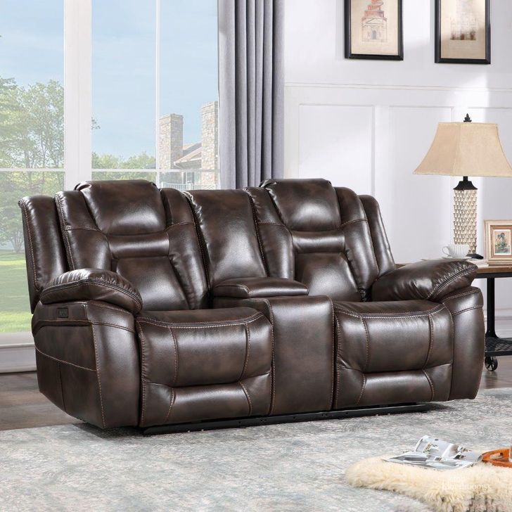 The appearance of Oportuna Dual Power Console Loveseat designed by Steve Silver in the traditional interior design. This rich brown piece of furniture  was selected by 1StopBedrooms from Oportuna Collection to add a touch of cosiness and style into your home. Sku: OP70061CLC. Material: Fabric. Product Type: Loveseat. Image1