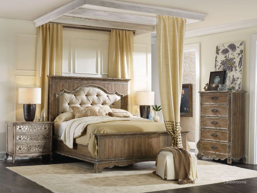 The appearance of Chatelet Beige And Soft Amber upholstered Mantle Panel Bedroom Set designed by Hooker in the traditional interior design. This light brown piece of furniture  was selected by 1StopBedrooms from Chatelet Collection to add a touch of cosiness and style into your home. Sku: 5300-90851;5300-90852;5300-90853;5300-90016. Bed Type: Panel Bed. Material: Wood. Product Type: Panel Bed. Bed Size: Queen. Image1